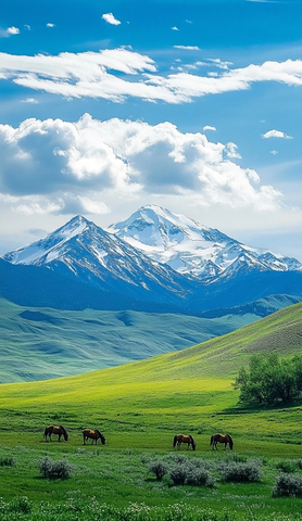 雪山远景与草原骏马
