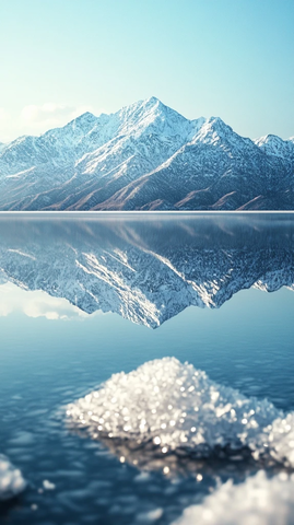 雪山湖水倒影平静