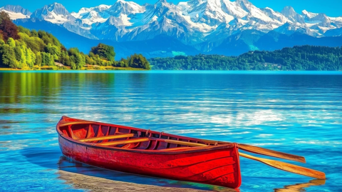 红色小船静泊湖面