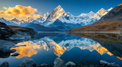 雪山倒影映衬清澈湖水