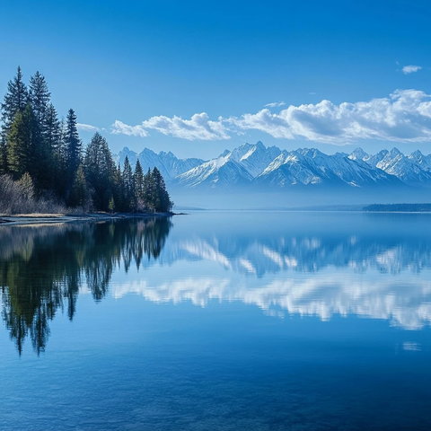 湖水倒映山峰雪景