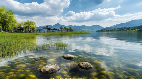 绿草水岸云烟山河