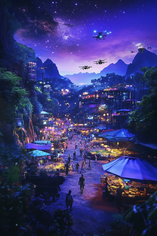 热闹的山间夜市灯火通明人群熙攘