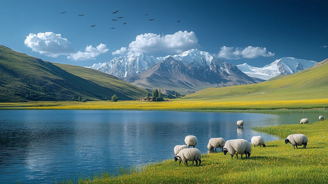 湖泊草原羊群雪山天鹅