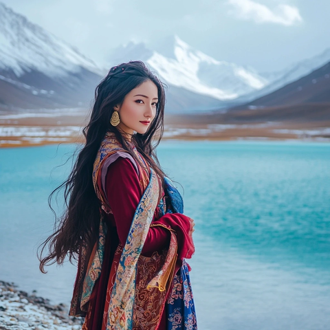 藏装女子湖边眺望雪山