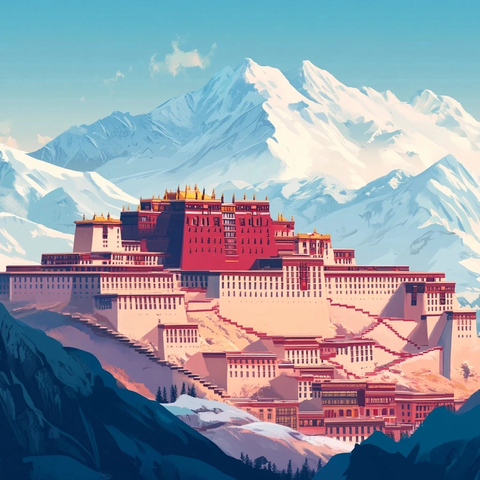 红瓦宫殿雪山蓝天全景