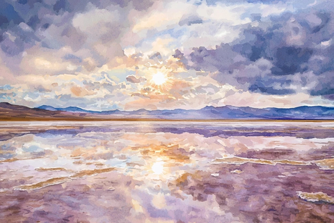 盐湖晶盐与野花倒影