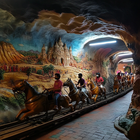 人们骑乘木马在壁画隧道中行进