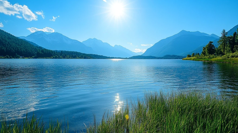 湖面山景蓝天绿草