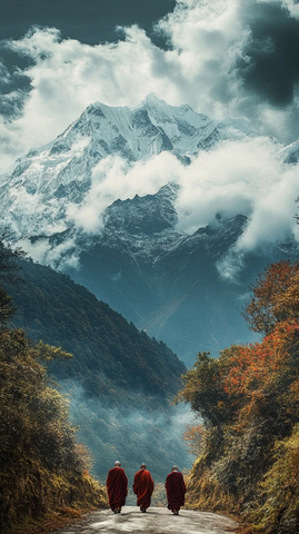 僧侣行走山峰背景