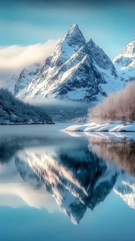 雪景山水倒影宁静
