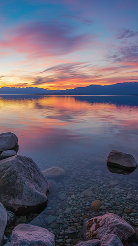 湖面日落水天相映