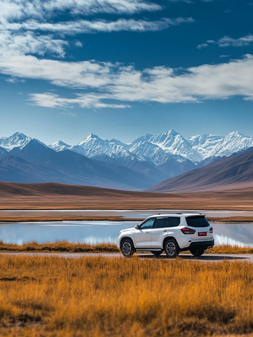 白行驶湖畔草原
