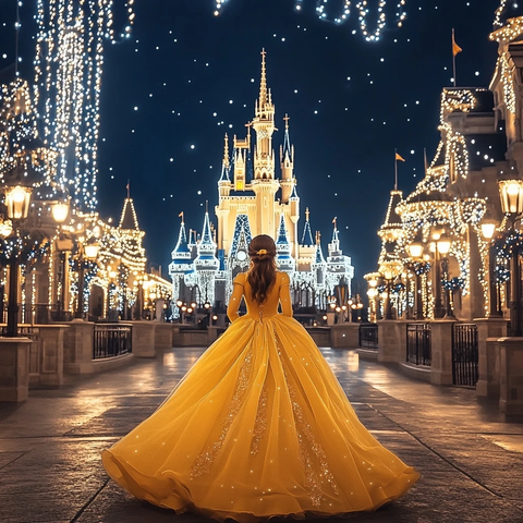 身穿黄色长裙女子站在迪士尼城堡前