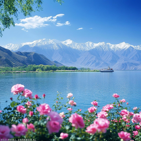 湖水山峰花海船只风景