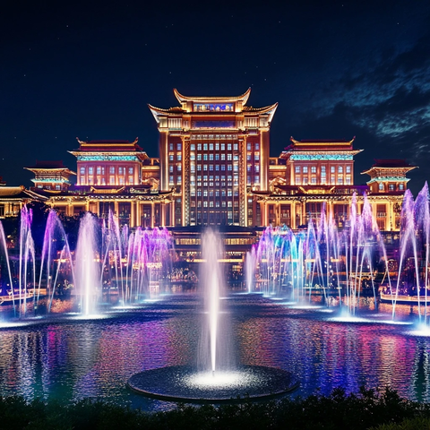 灯光璀璨下的中式建筑及喷泉夜景