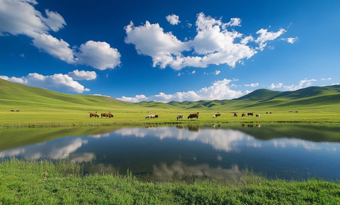 草原牛羊湖泊宁静景
