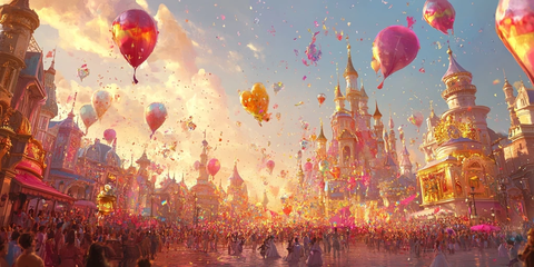 梦幻城堡场景中热闹的人群和飞舞的气球