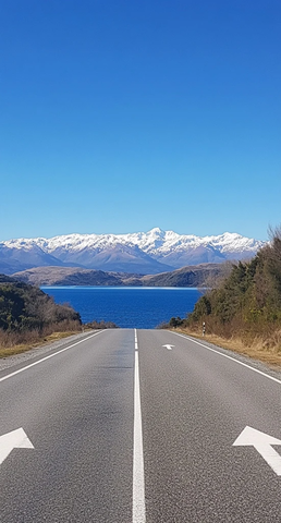 公路指向雪山湖泊景观