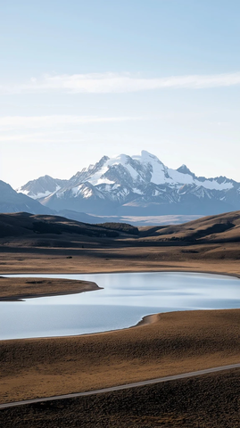 雪山湖泊环绕开阔路面