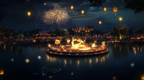 水上舞台烟花秀夜景全景