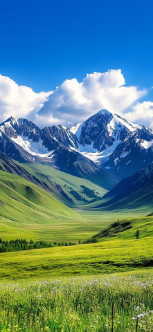 雪山环绕的绿色谷地