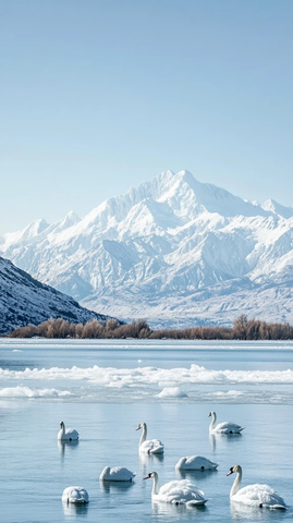雪山冰湖白鹅水鸟