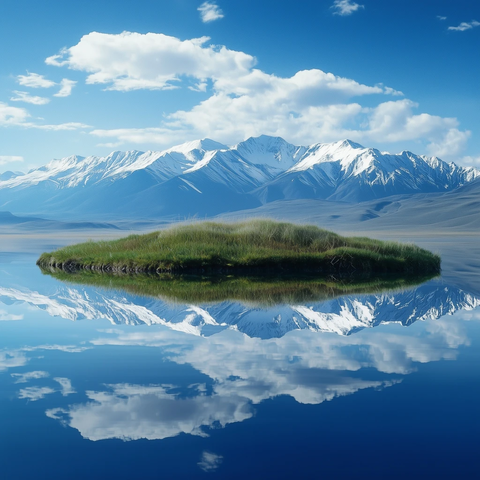 天空浮岛雪山草地倒影