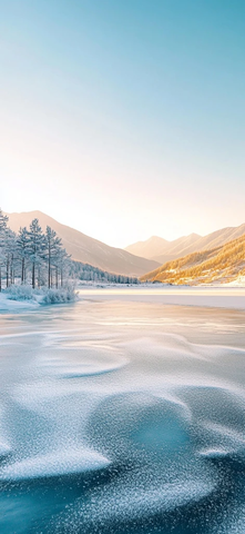 雪覆湖面阳光穿林