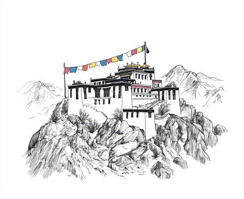 古寺建筑与飘扬经幡