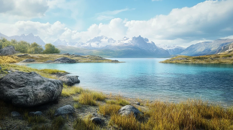 远山碧水巨石草地