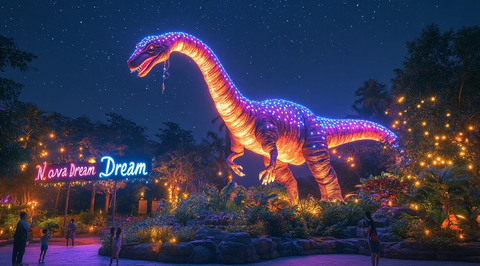 夜间灯光恐龙景观充满梦幻色彩