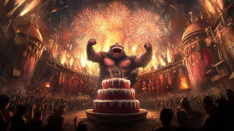 猩猩在烟火下庆祝的场景