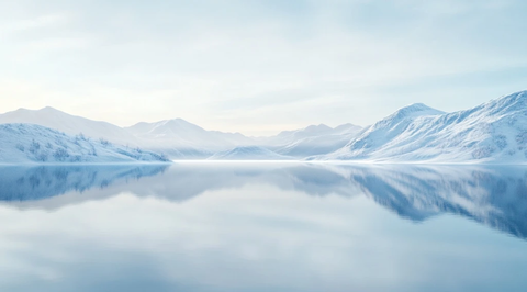 雪景山脉湖面倒影