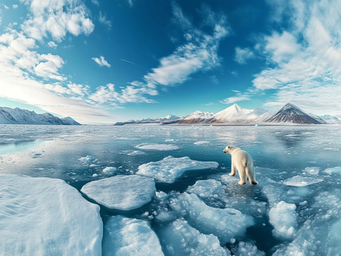 北极熊冰面站立融冰环绕
