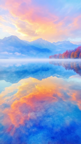 山影湖面云层交织