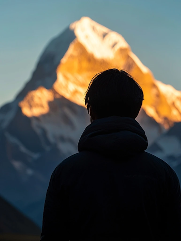 亚洲男子雪山前沉思