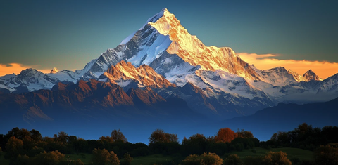 雪山冰峰与绿植环绕