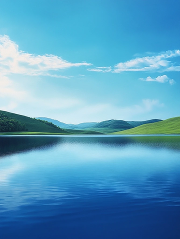 湖水蓝天绿山远景