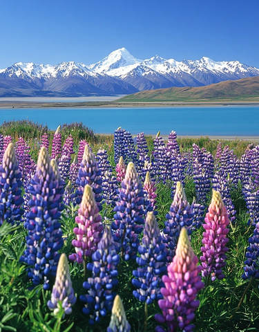 鲁冰花海与雪峰倒影