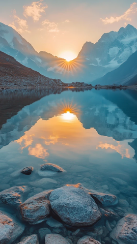 日出山脉倒映清澈水面