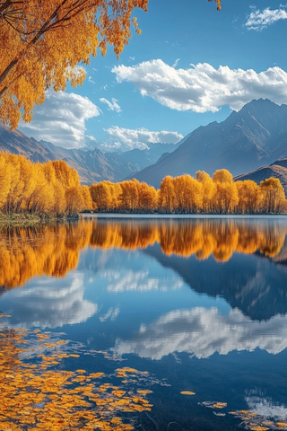 秋日湖水山景柳树林