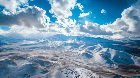 雪原雪山与牦牛群