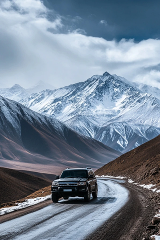 雪山背景下的弯道行车
