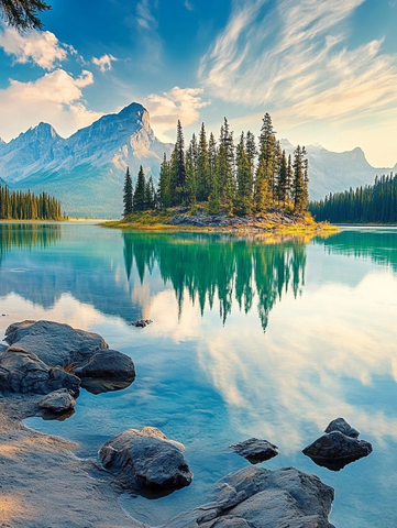 湖水山峰森林倒影石滩