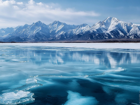 湖水雪山冰面倒影