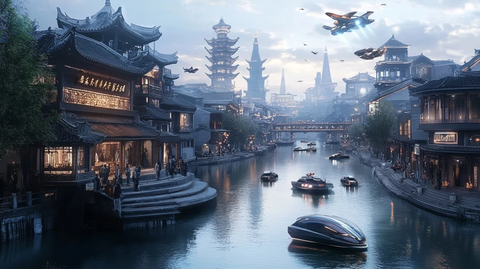 中式古镇中的现代科技元素