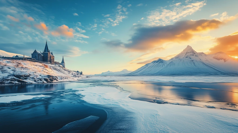 雪覆盖的哥特城堡与极光