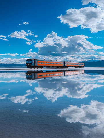盐湖列车倒影蓝天