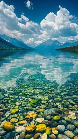 湖水清澈山峦倒影水底绿藻